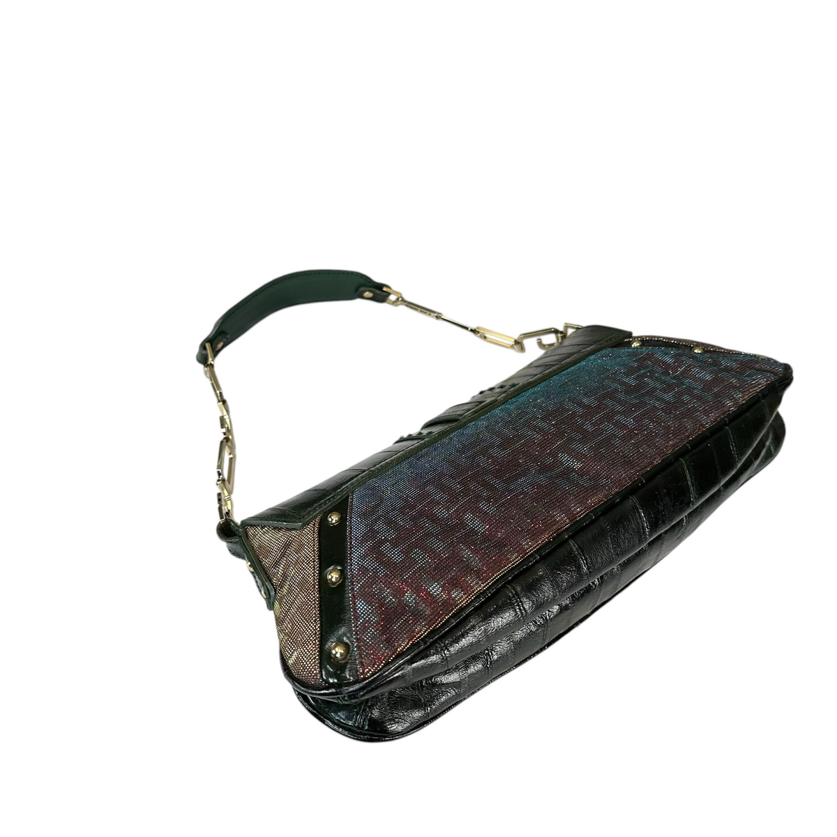 Dolce & Gabbana D-Ring Eel Skin Green / Gold Hologlyphic Canvas Shoulder Purse