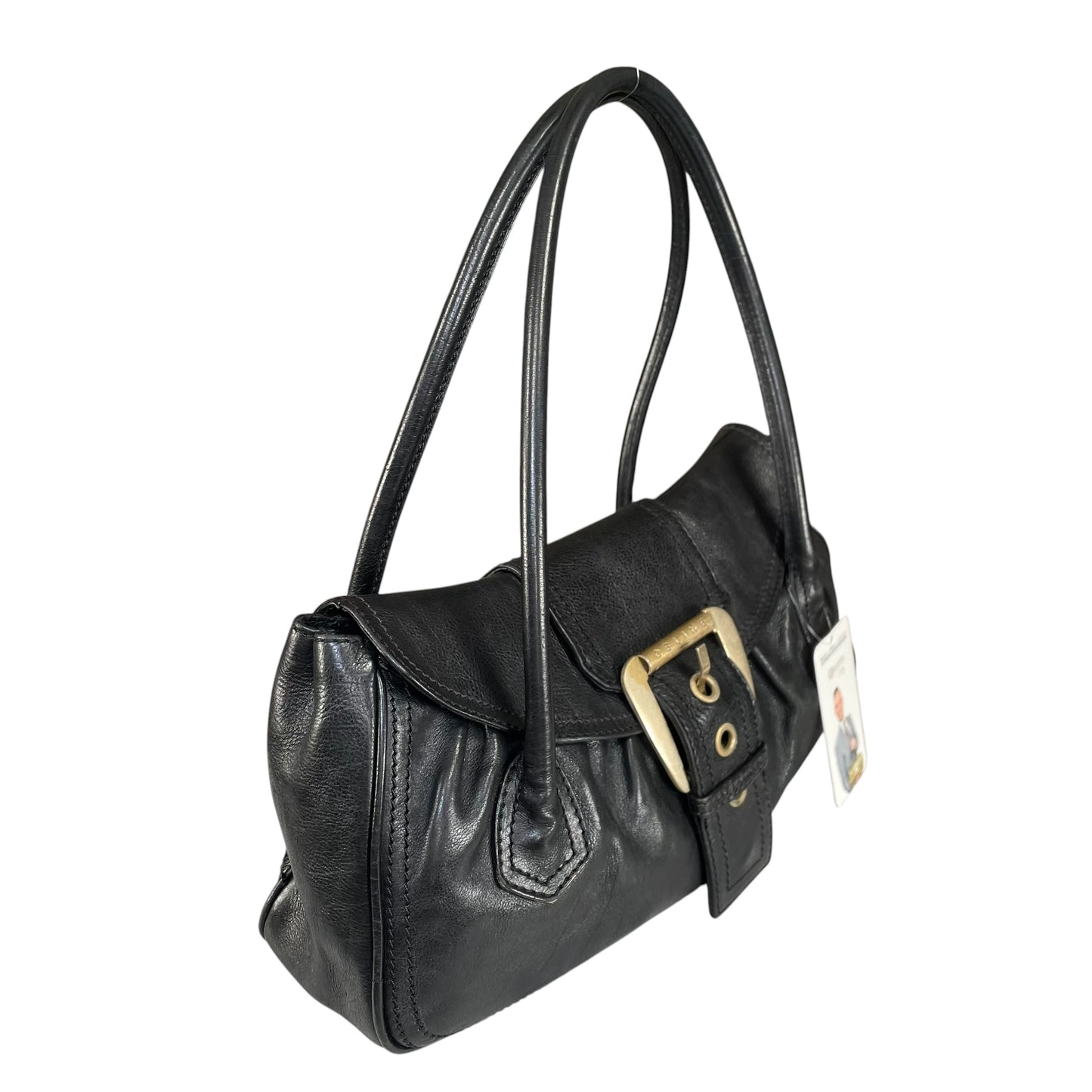 Celine Buckle Front Shoulder Black Leather Brushed Brass