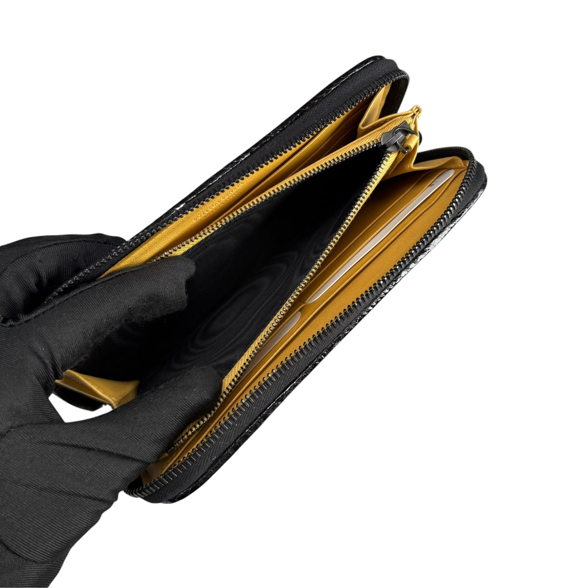 Bottega Veneta Black Python Embossed Patent Leather Long Zip Around Wallet