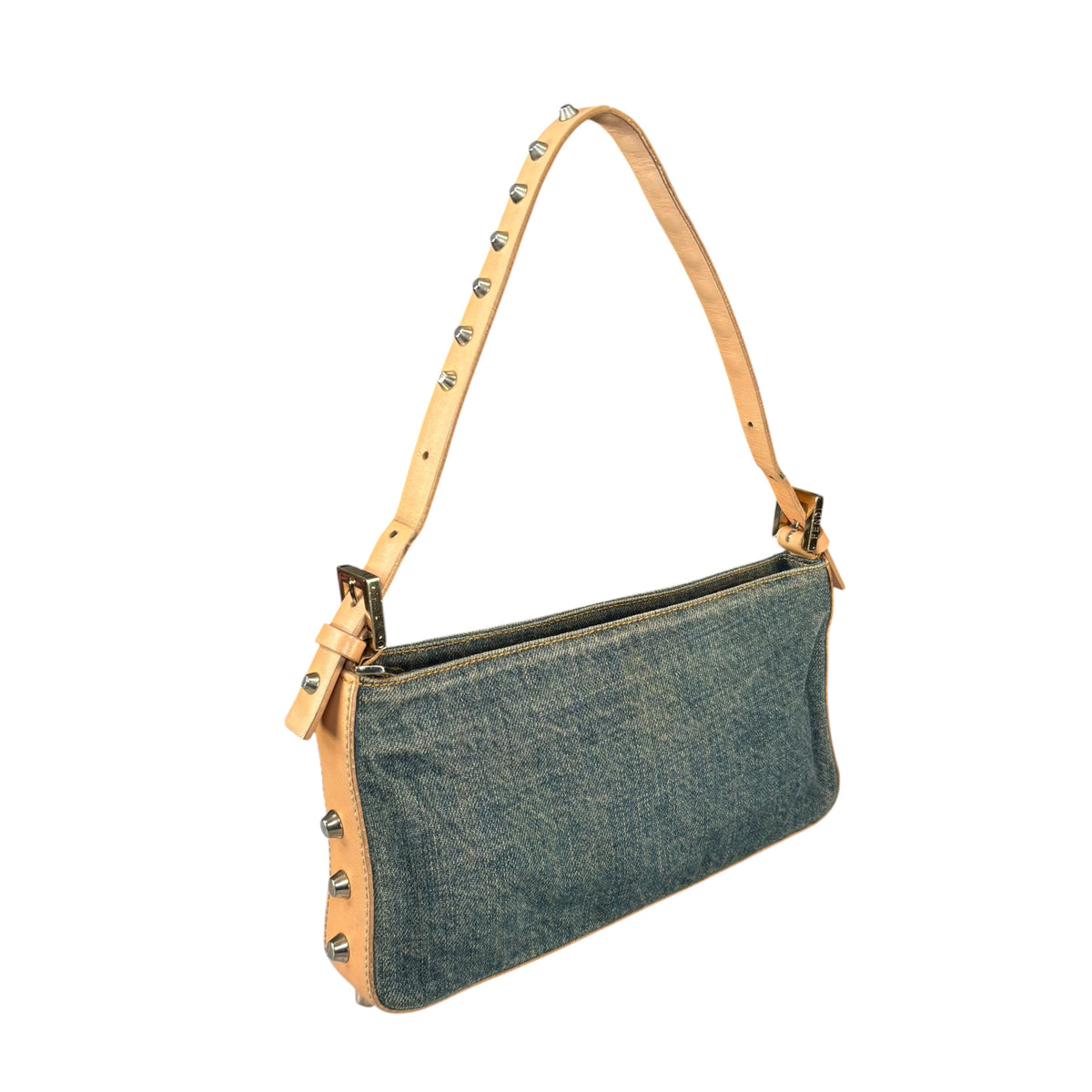 Fendi Y2K Baguette GHW Denim Studded Tan Leather Shoulder Purse