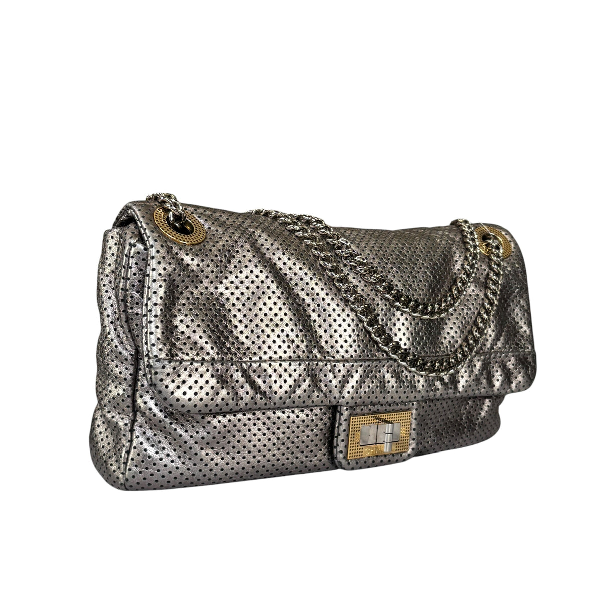 Chanel 2.55 Drill Flap Pewter Metallic Lambskin Leather GHW Med Shoulder Purse