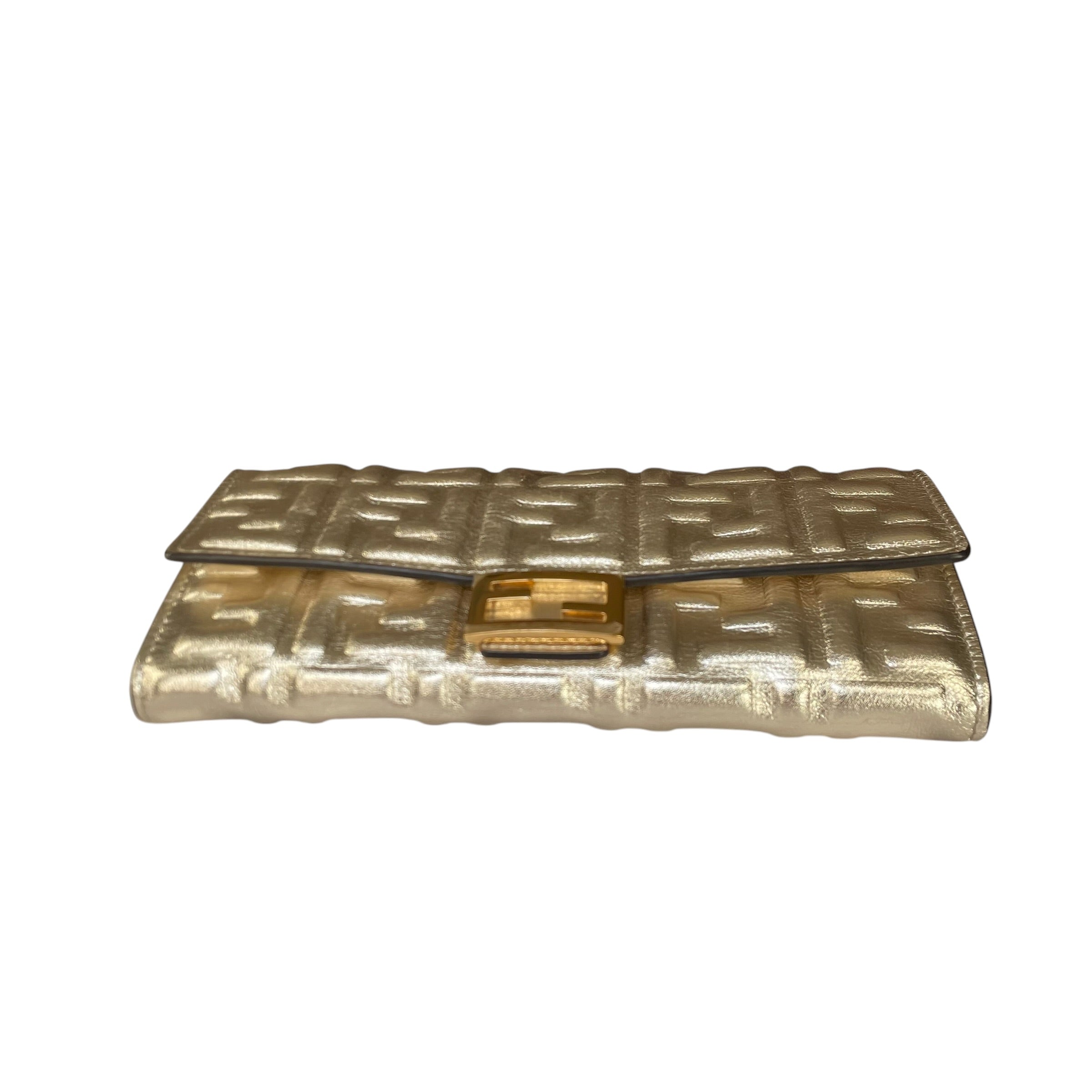 Fendi Zucca Baguette Leather Metallic Gold Silver Continental Long