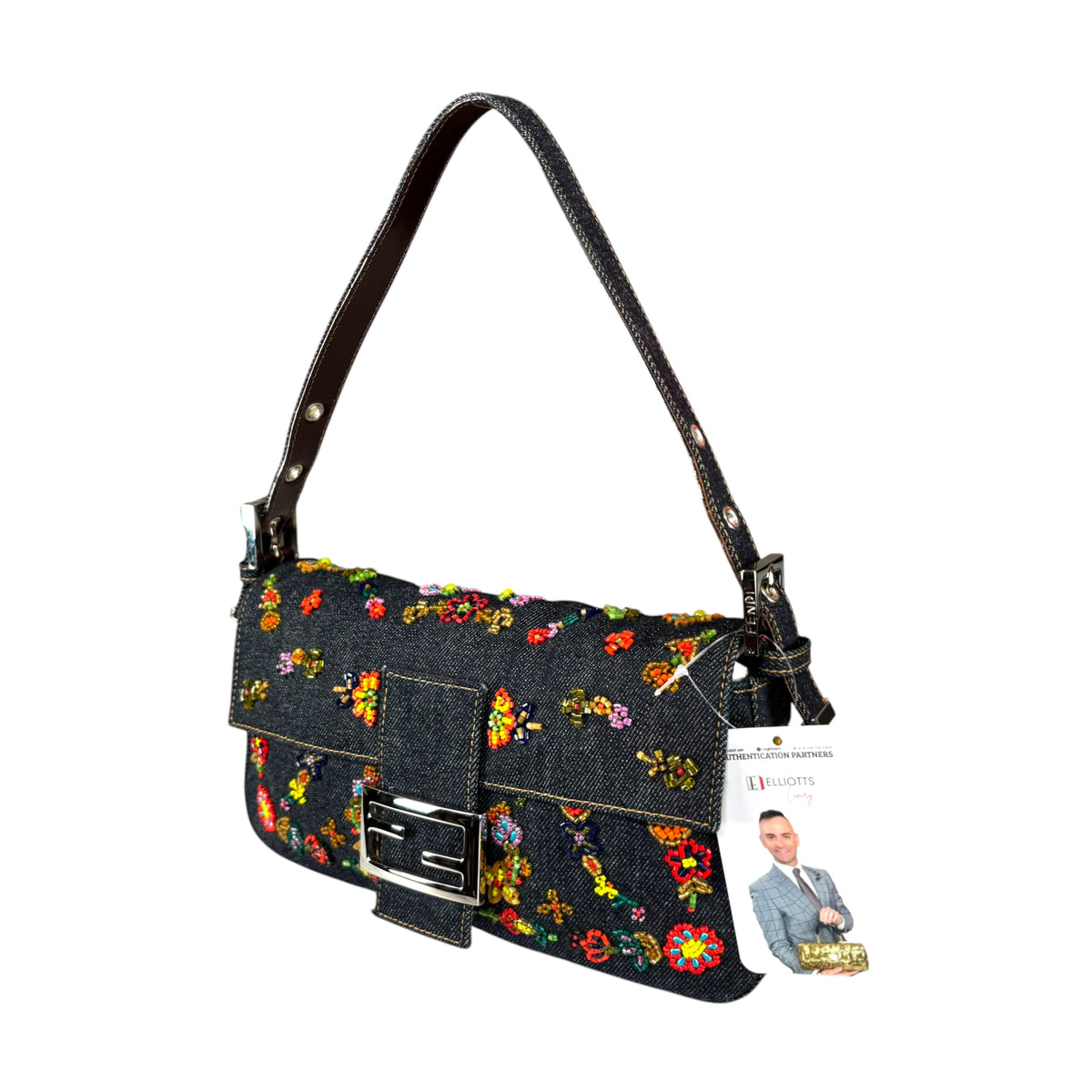 Fendi Y2K Denim Classic Floral Beaded Baguette Shoulder Purse