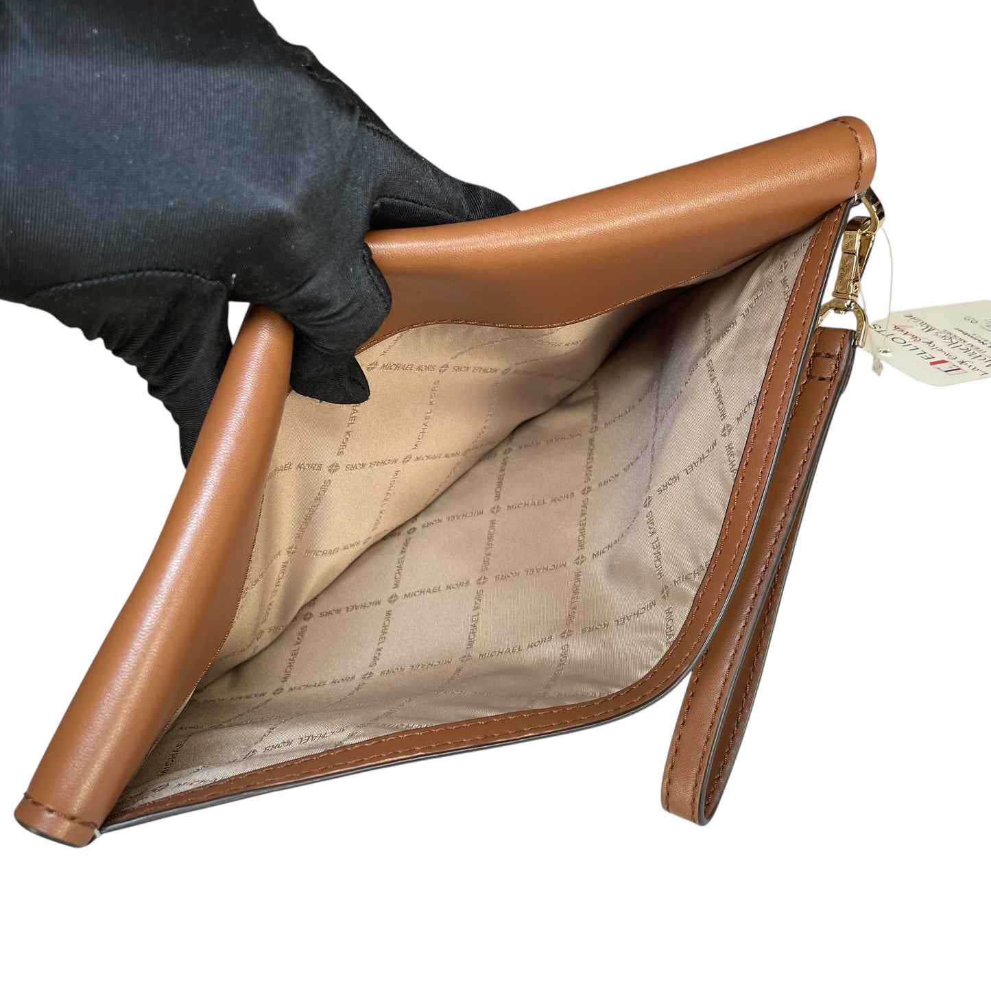 Michael Kors Maisie Leather Brown White Canvas GHW XL Envelope Clutch Wristlet