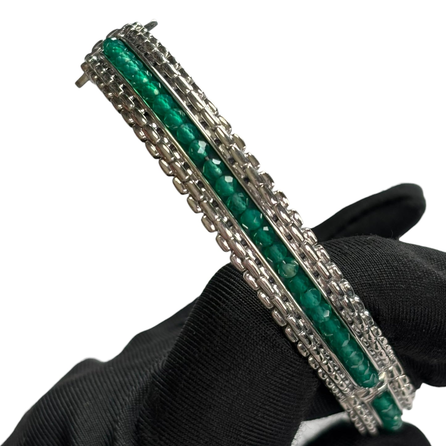 JAI by John Hardy Sterling 925 Green Gemstone Hinged Bangle 6.75”