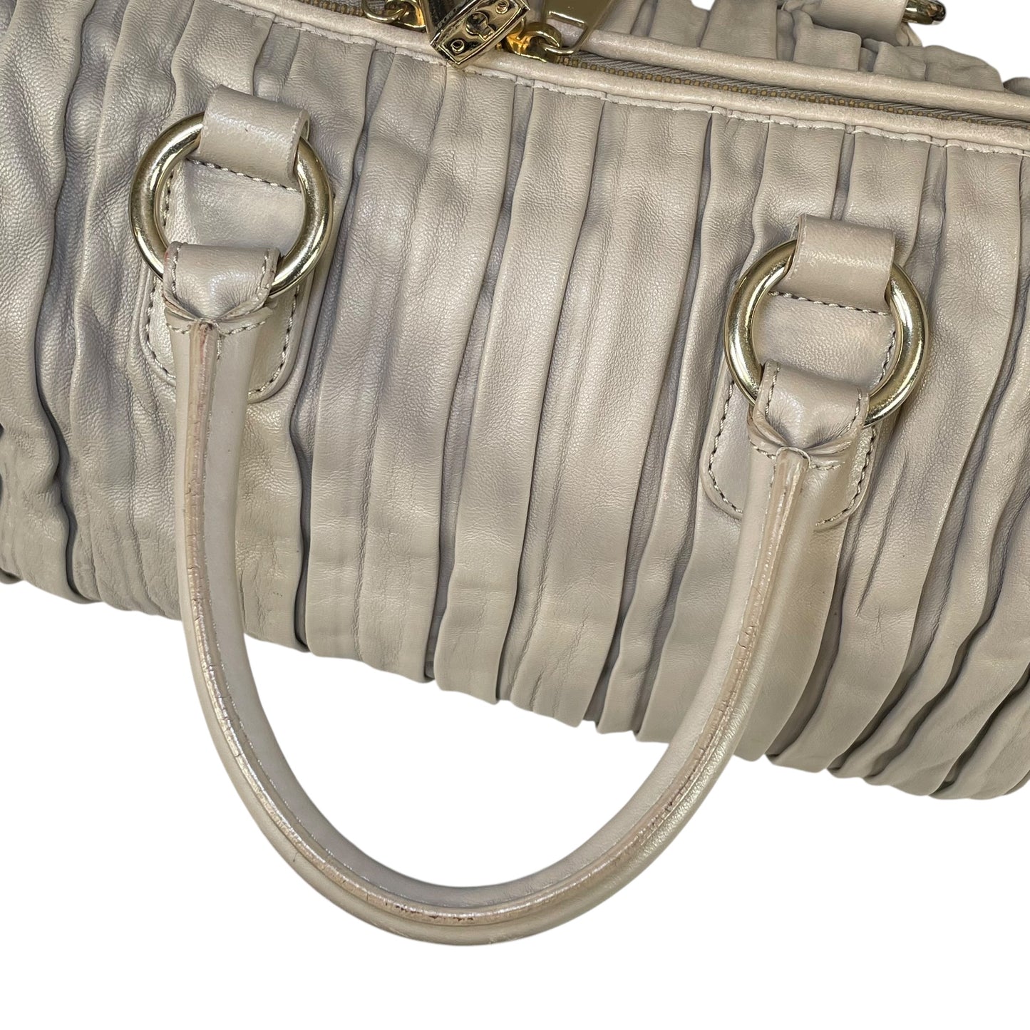 Emporio Armani Pleated GHW Leather Satchel Taupe Lock Key Crossbody Boston Bag