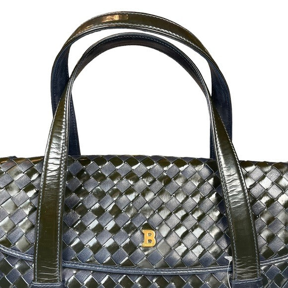 Bally Navy Blue Leather Flap Black Patent Leather Woven Satchel Purse Handbag