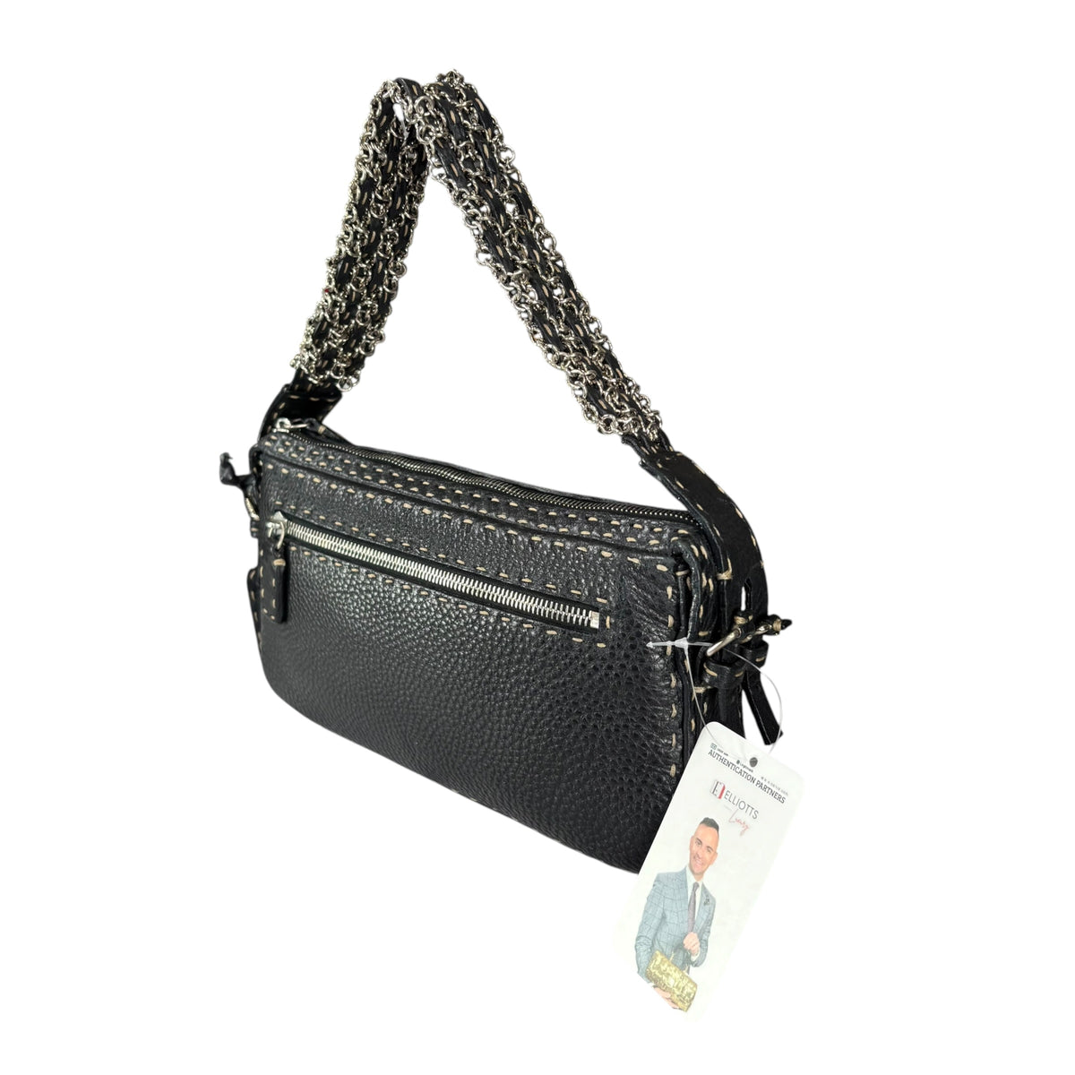 Fendi Selleria Baguette Black Leather Sterling Mesh Chain Purse