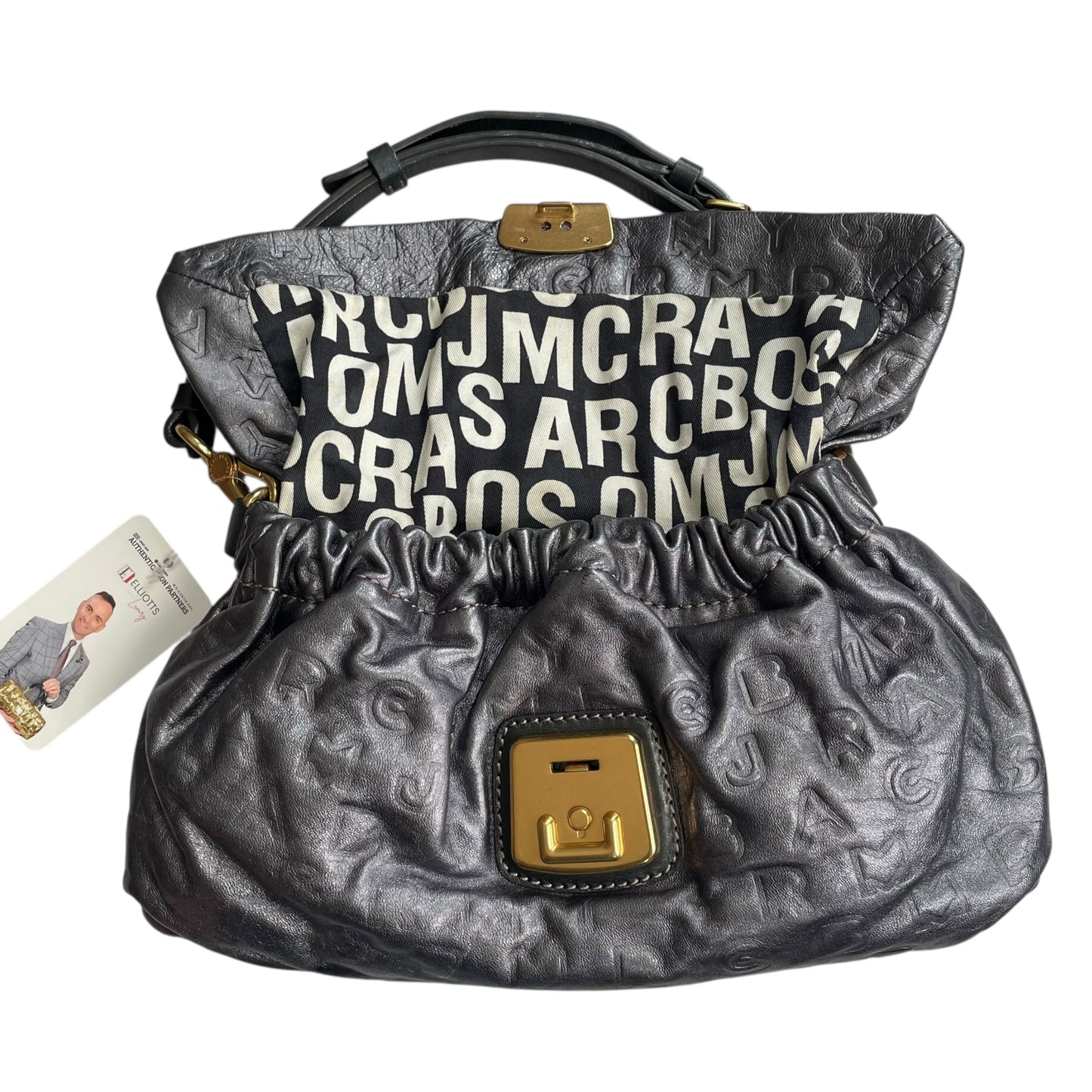 Marc Jacobs Linda Metallic Grey GHW Mono Leather Cinched Shoulder Purse