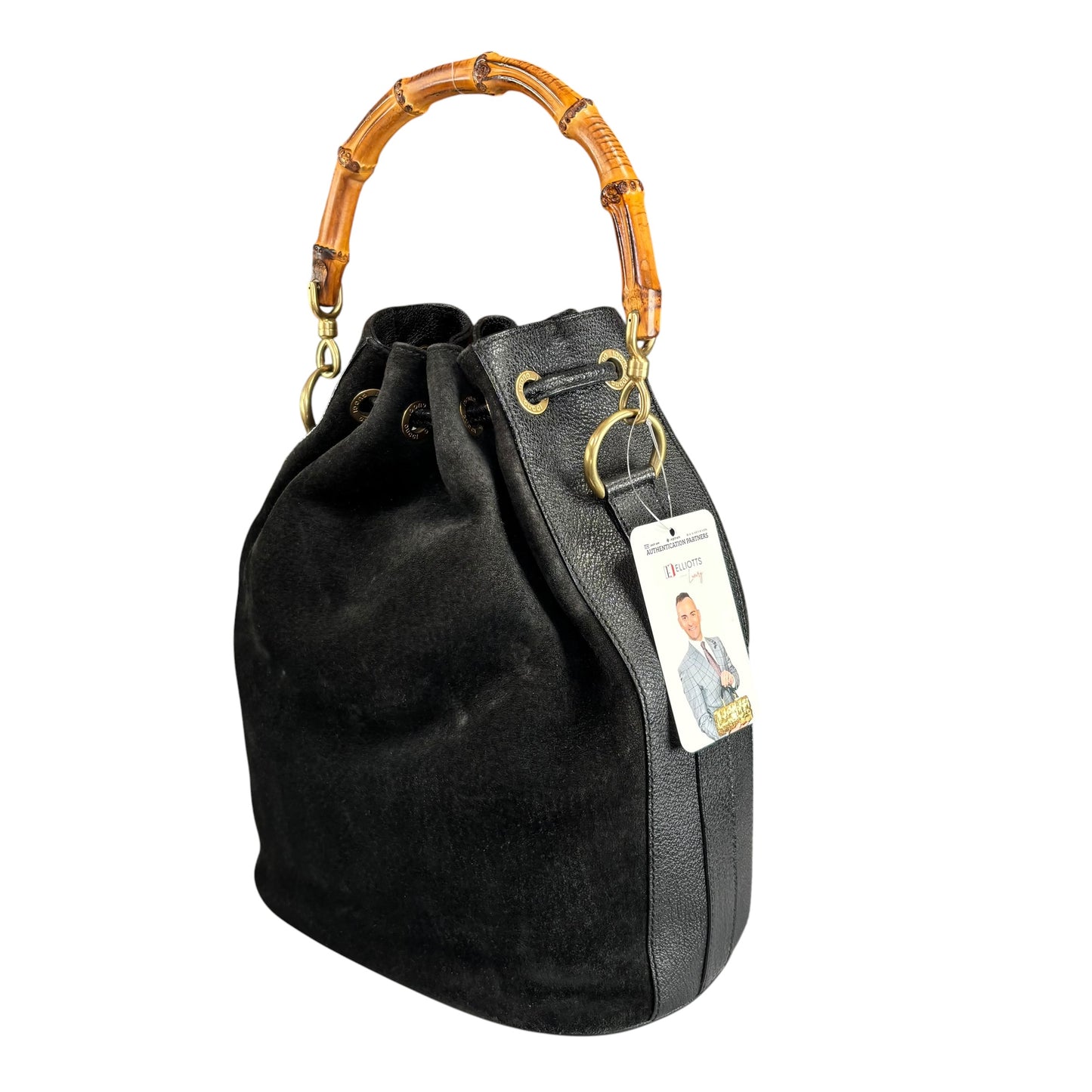 Gucci Bamboo Black Leather Suede Bucket Shoulder Bag