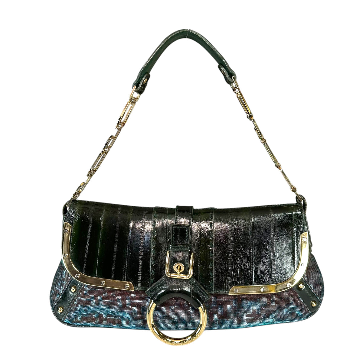 Dolce & Gabbana D-Ring Eel Skin Green / Gold Hologlyphic Canvas Shoulder Purse