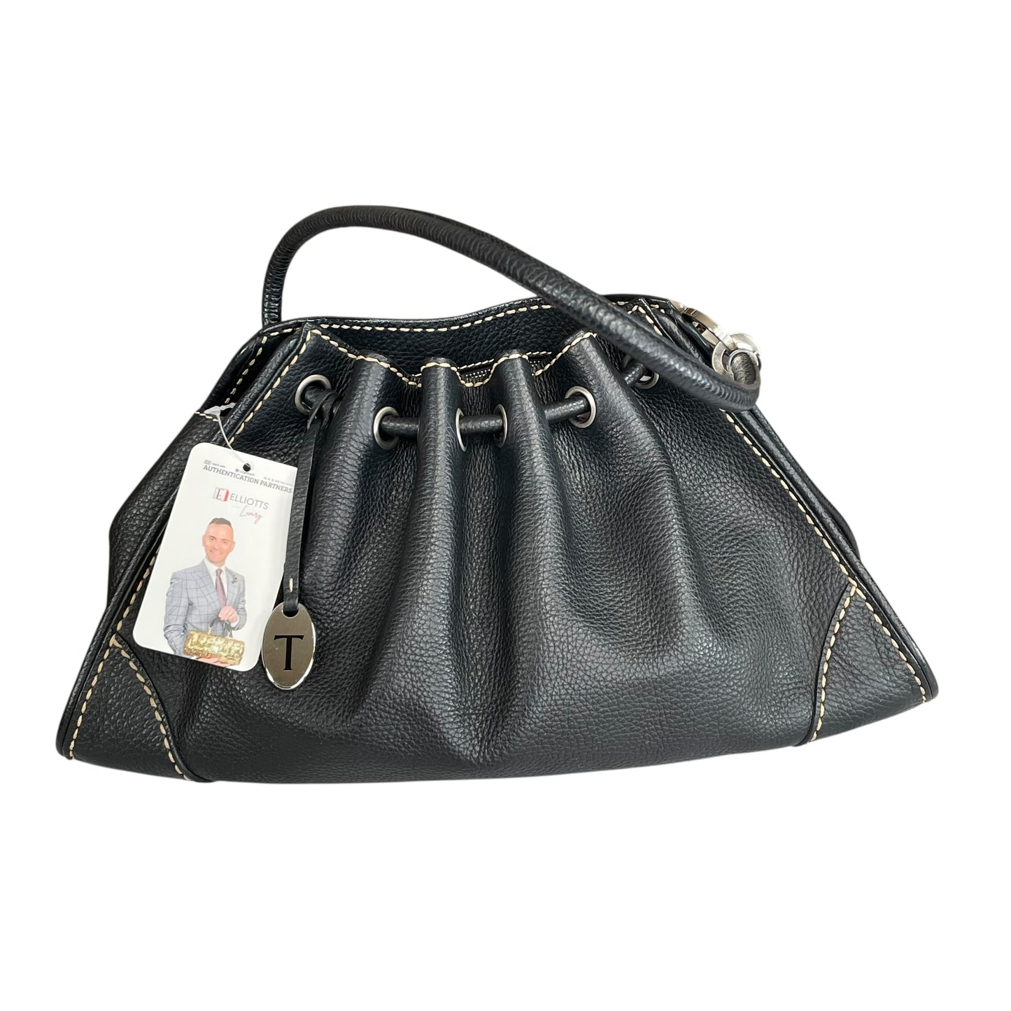 TOD’s Black Equestrian Pebbled Brushed SHW Drawstring Leather Shoulder Purse