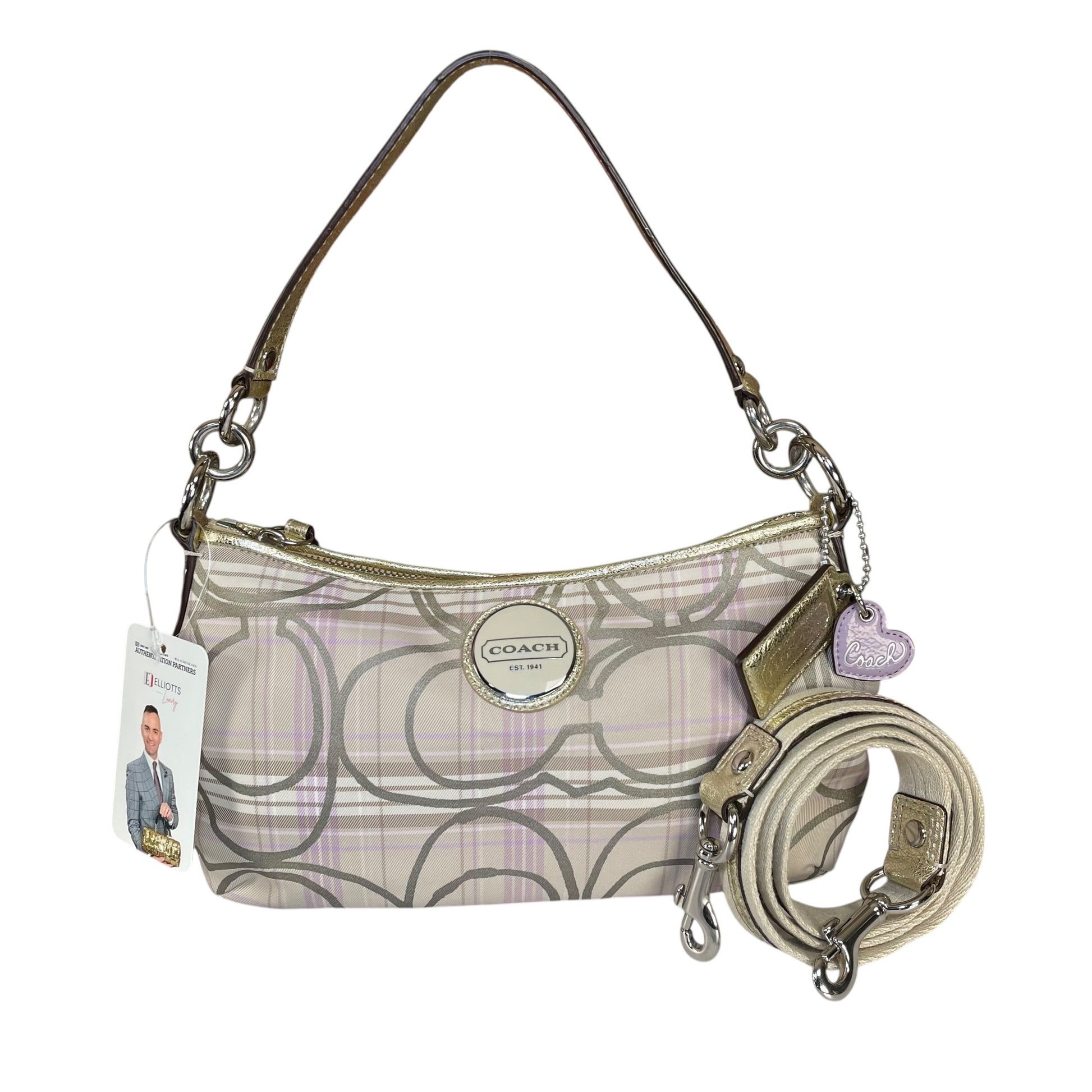 coach backpack plaid Coach Demi Tartan Plaid Nylon Bag Metallic Gray Gold Leather Shoulder – Elliott's Luxury