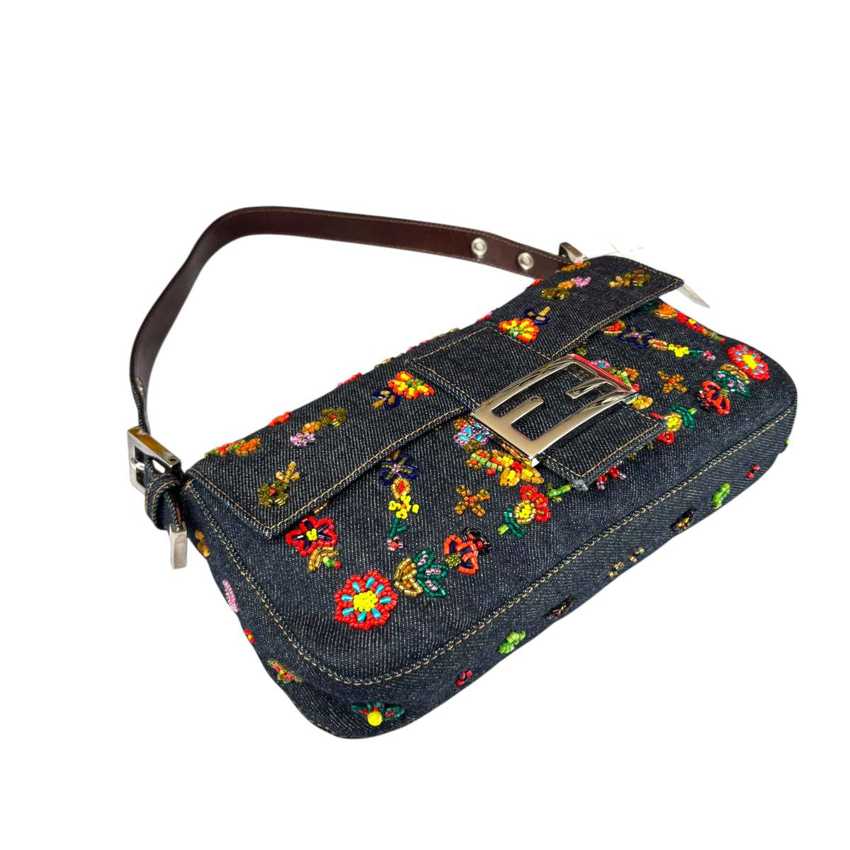 Fendi Y2K Denim Classic Floral Beaded Baguette Shoulder Purse