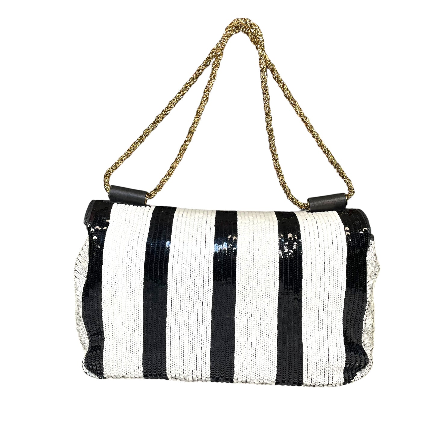 Chloe Elsie Medium Sequin Leather Stripe Black White GHW Rope Strap Shoulder Bag