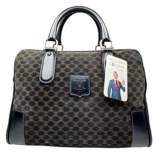 Celine Monogram Suede Navy Blue Leather Handbag Satchel Boston Purse Bag