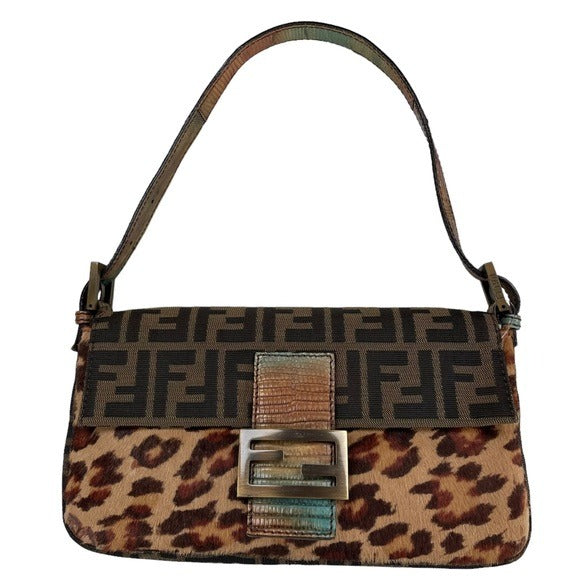 Fendi Zucca Canvas Cheetah Calf Hair Leather Lizard Skin Baguette Shoulder Purse