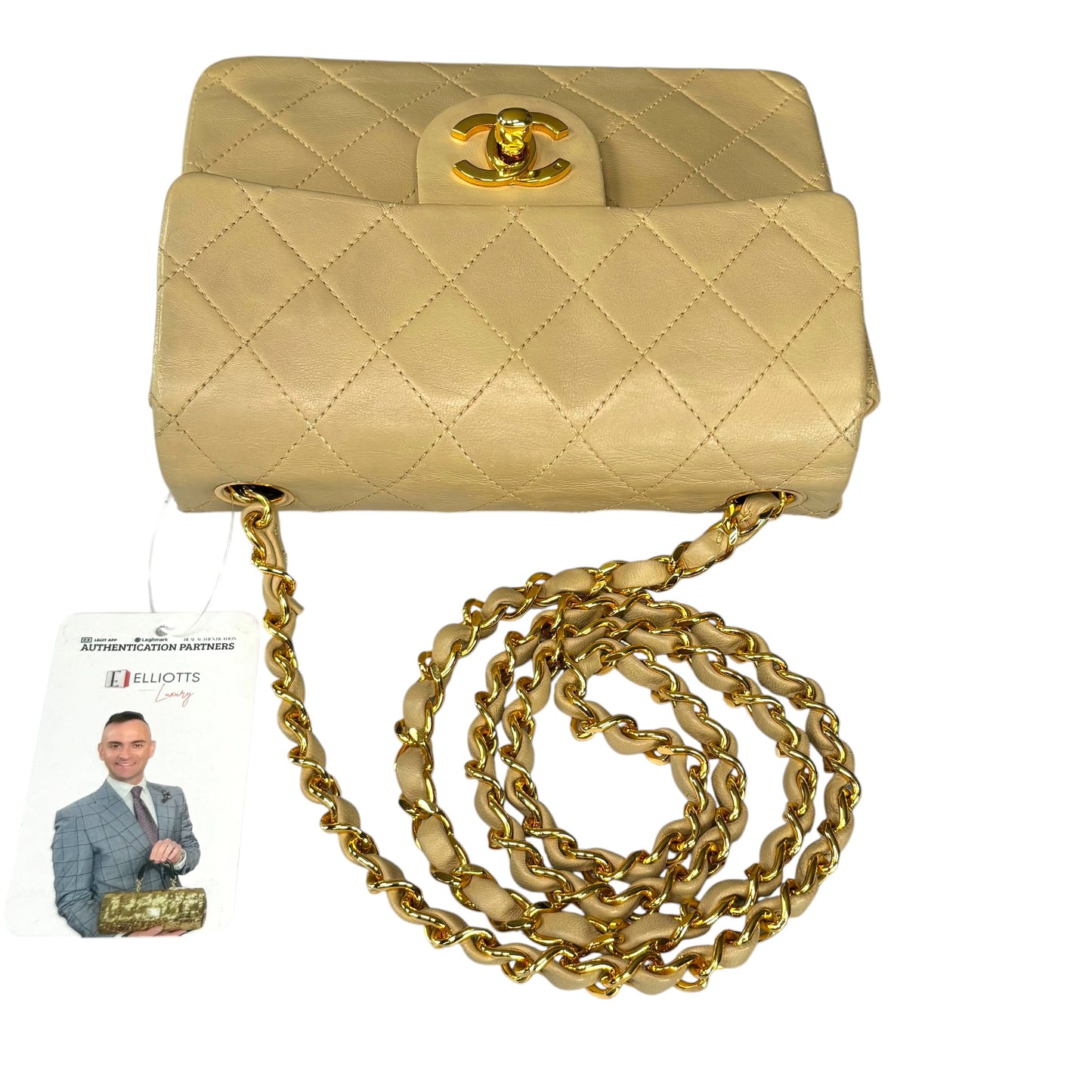 Chanel CC Classic Mini Square Beige Lambskin GHW Shoulder Purse
