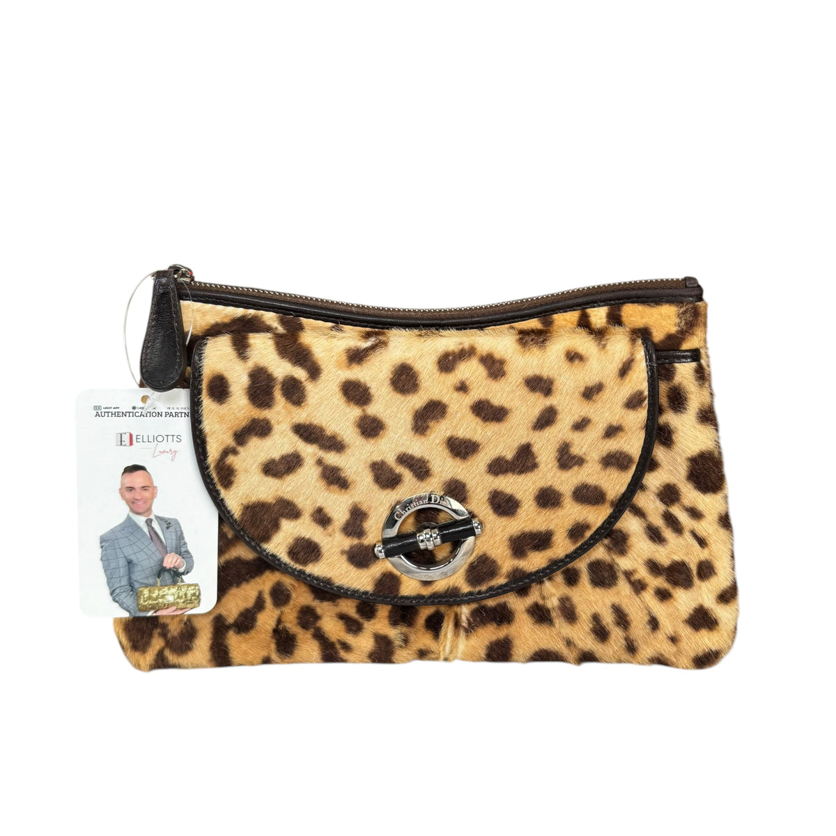 Christian Dior Harako Y2K Pony Hair Zippy Clutch – Leopard Print / Brown Leather