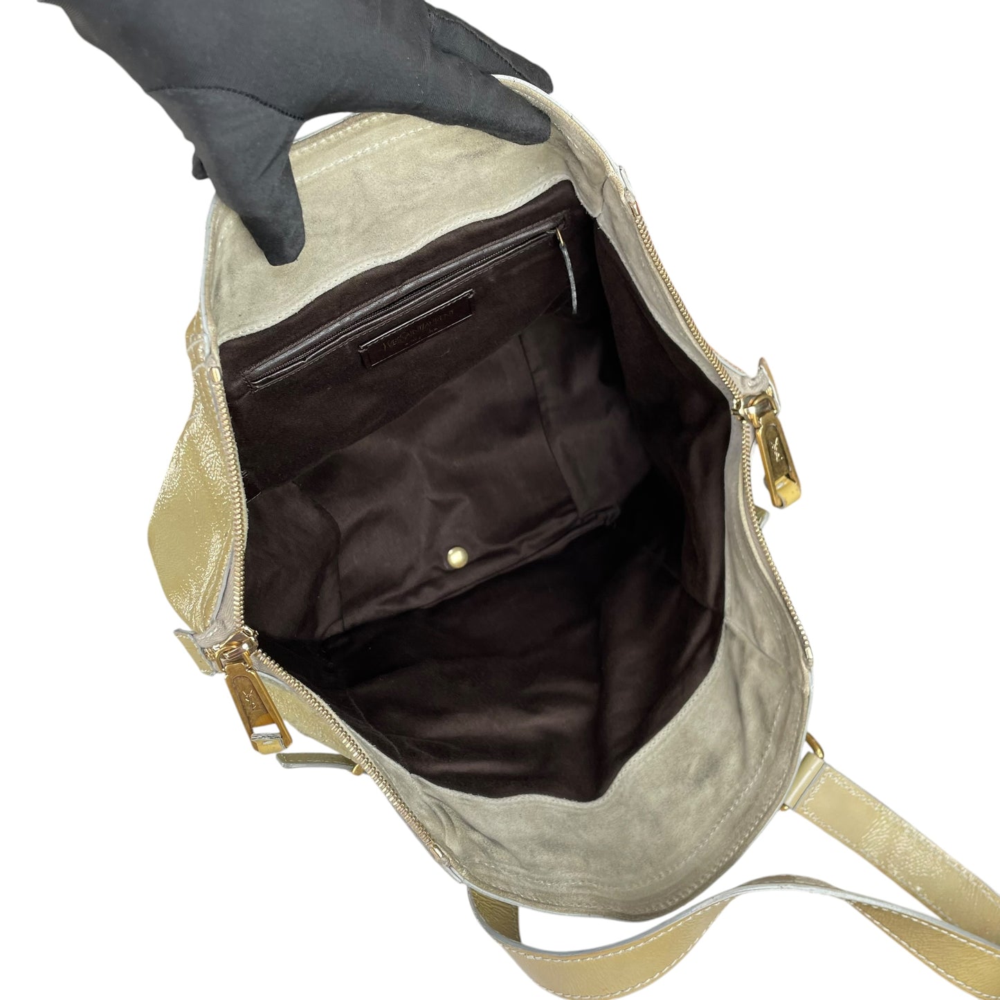 YSL Cassandra Green Patent Leather GHW Bucket Flat Downtown Tote