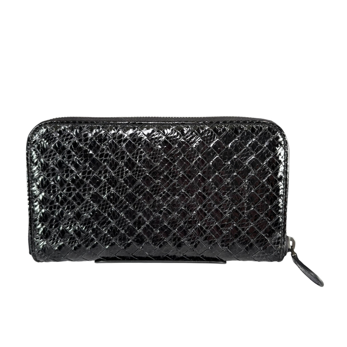 Bottega Veneta Black Python Embossed Patent Leather Long Zip Around Wallet
