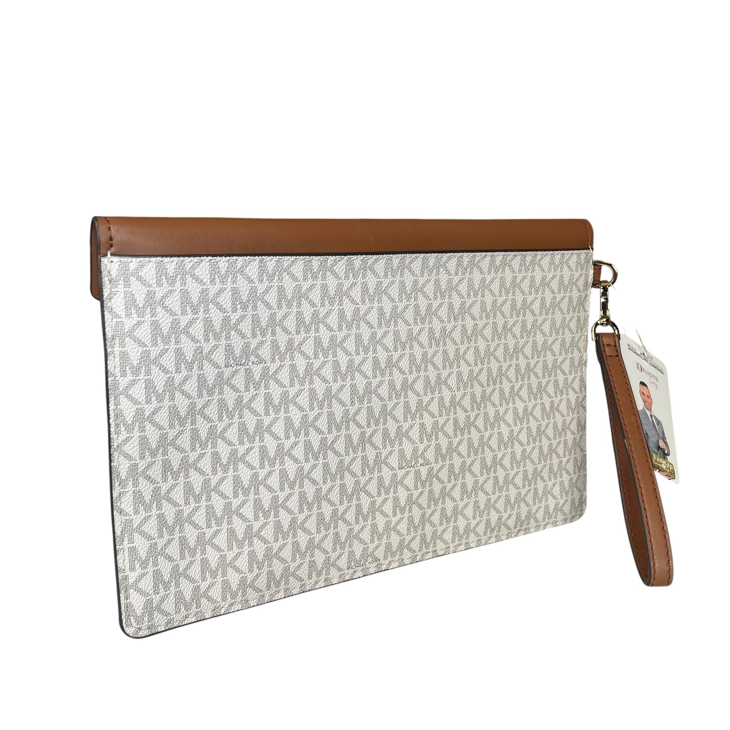 Michael Kors Maisie Leather Brown White Canvas GHW XL Envelope Clutch Wristlet