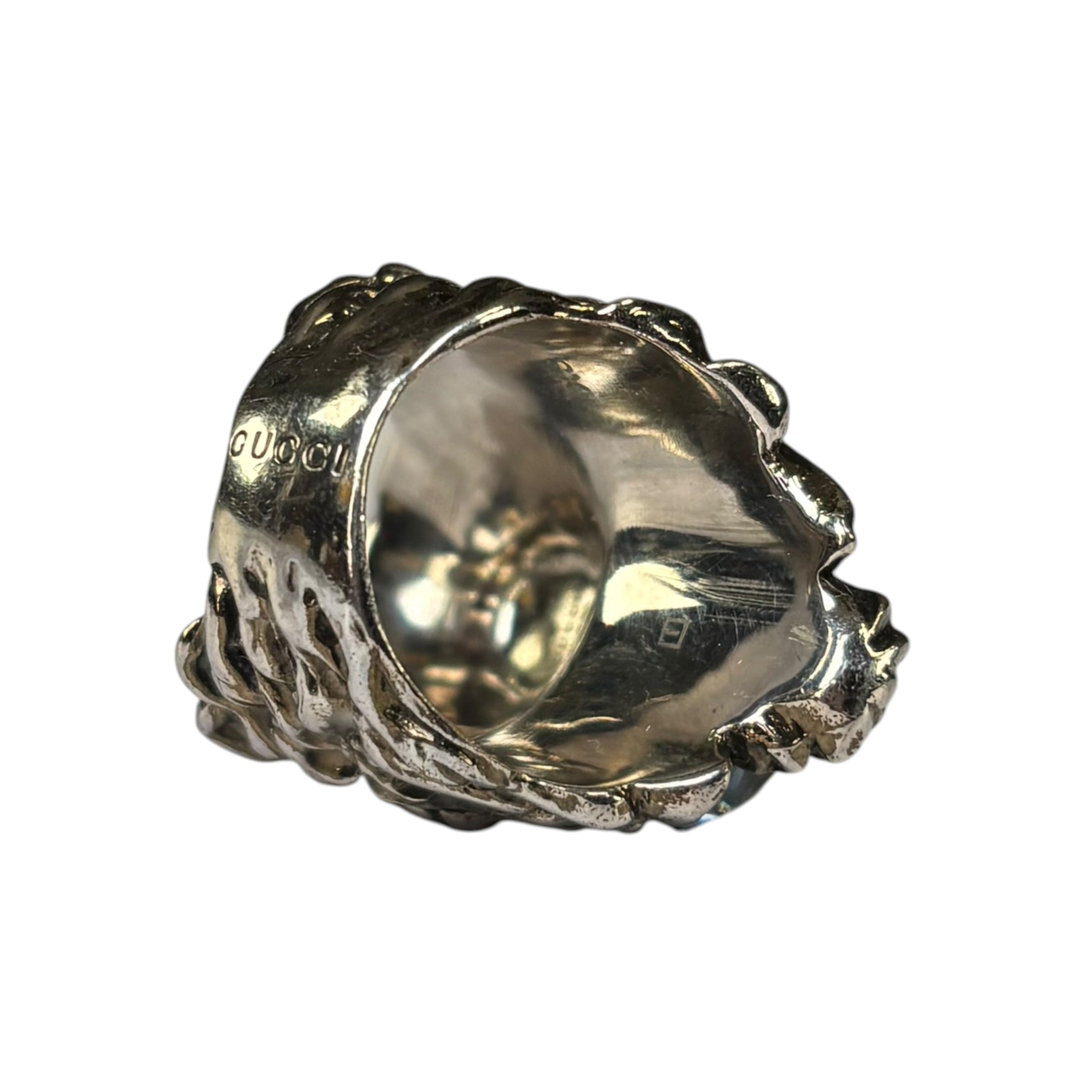 Gucci Lion Head Blue Crystal Silver Tone Pinky Ring Sz 5.5