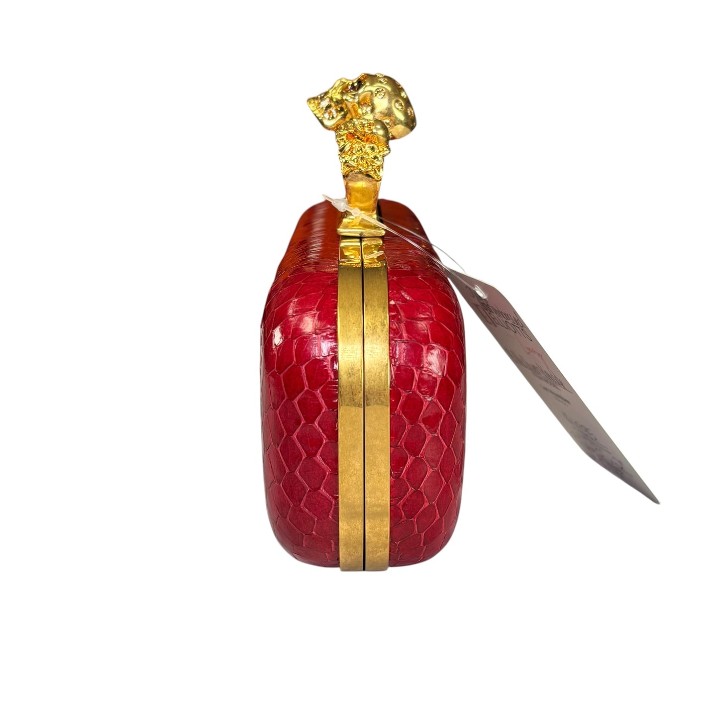 Alexander McQueen Ruby Red Embossed Leather Knuckle Clutch – Gold Rhinestone Skull Hardware