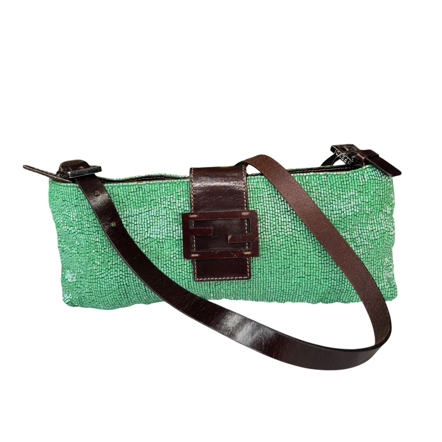 Fendi Y2K Slim Baguette Green Beaded Shoulder Purse