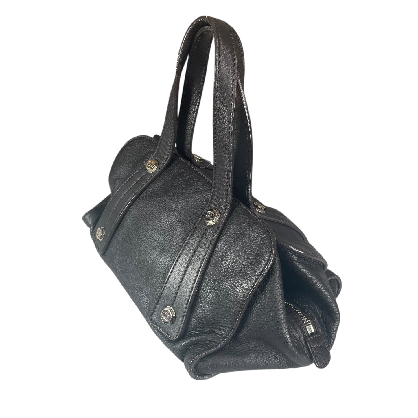 Chanel CC Bolt Deerskin Boston Dark Brown Studded Purse