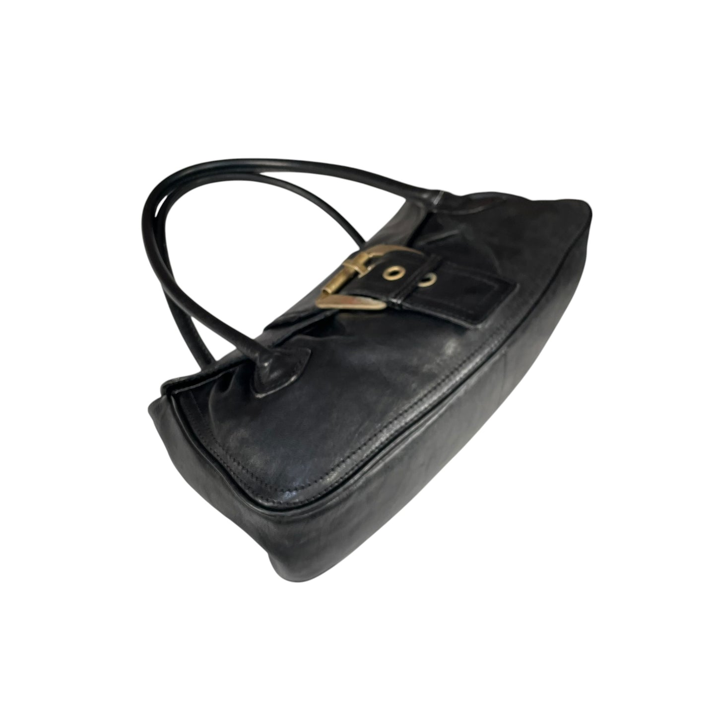 Celine Buckle Front Shoulder Black Leather Brushed Brass