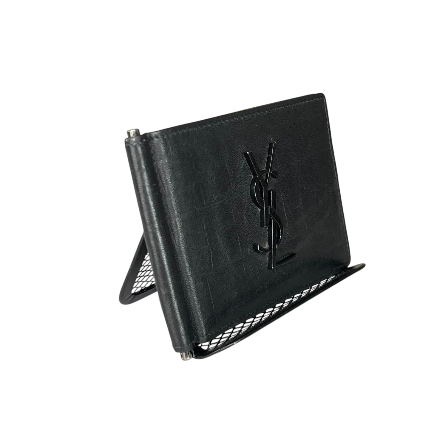 YSL Mens Black Croc Embossed Clip Cash Card Bi Fold Wallet