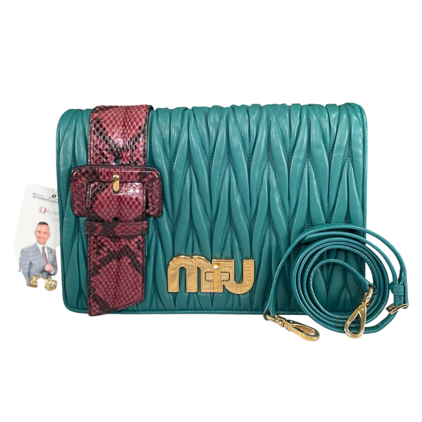 Miu Miu Delice Teal Matelasse Python Embossed Nappa Leather GHW Crossbody Flap Purse