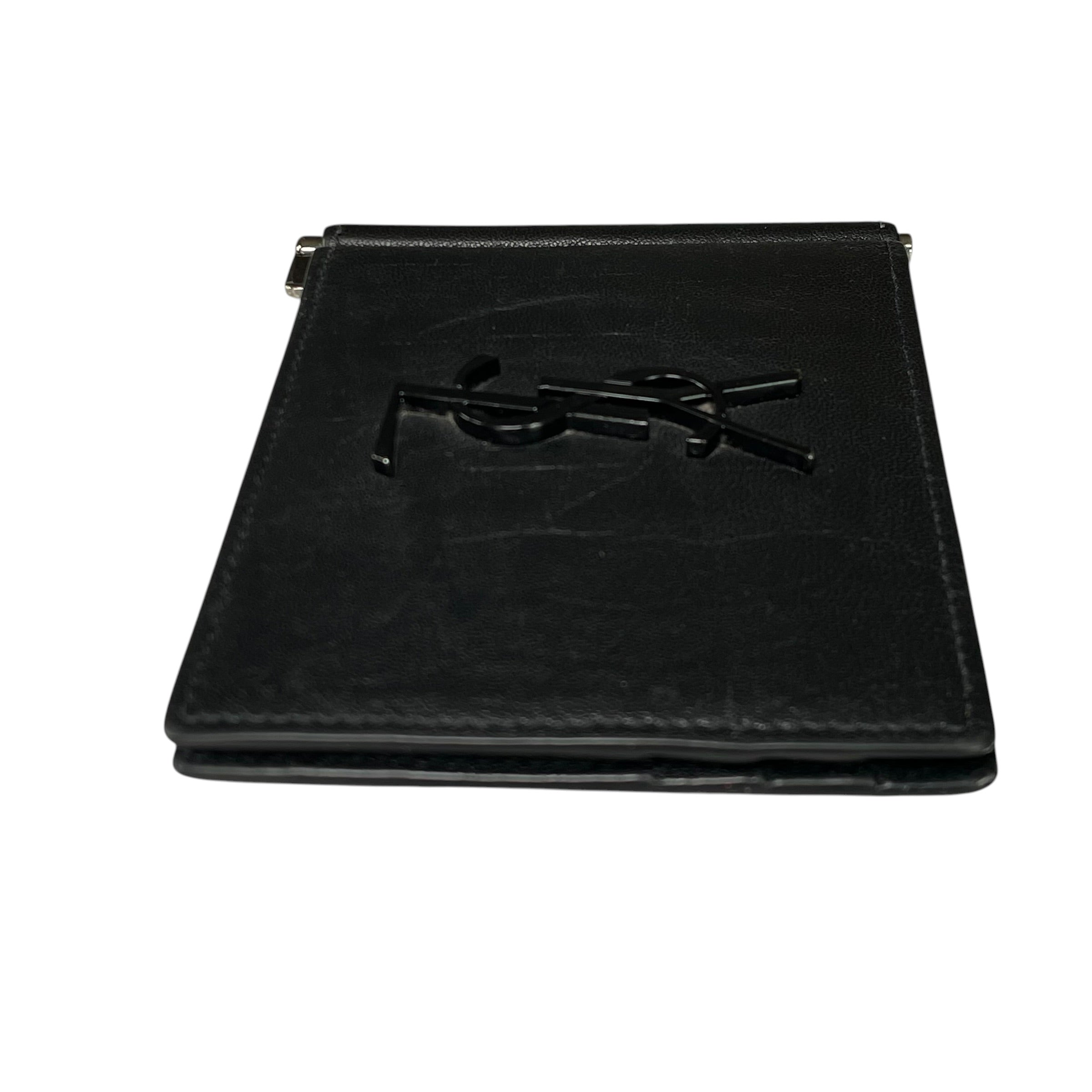小物 YSL logo black bifold wallet YSL Mens Black Croc Embossed Clip Cash Card Bi Fold Wallet