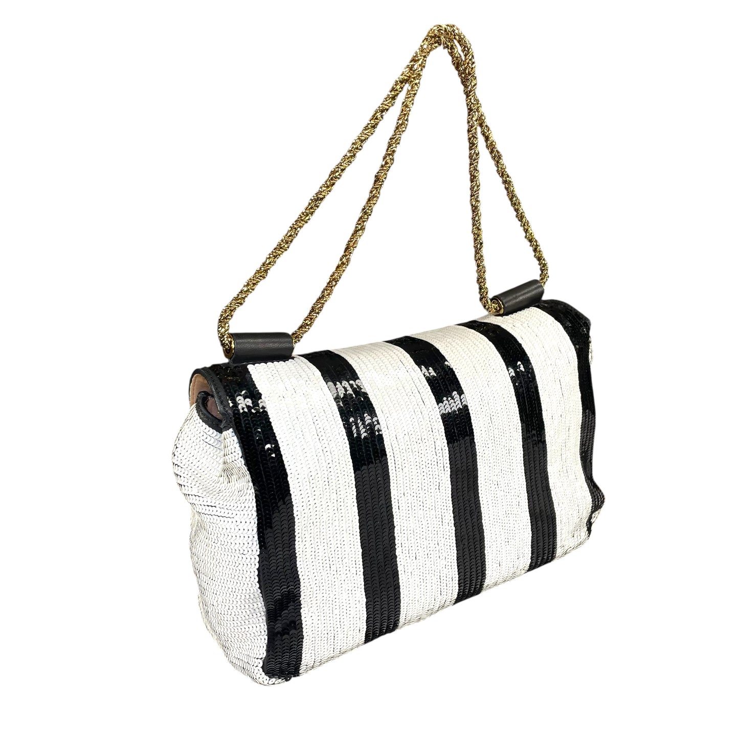 Chloe Elsie Medium Sequin Leather Stripe Black White GHW Rope Strap Shoulder Bag