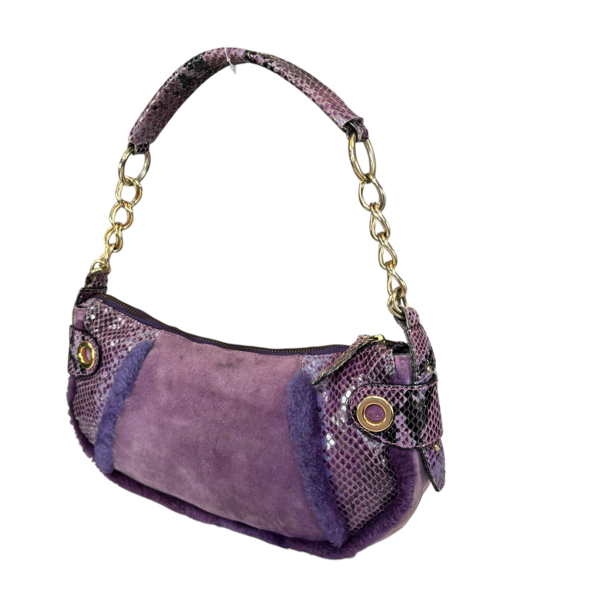 Dolce & Gabbana Y2K Purple Shearling Python Embossed Shoulder Purse