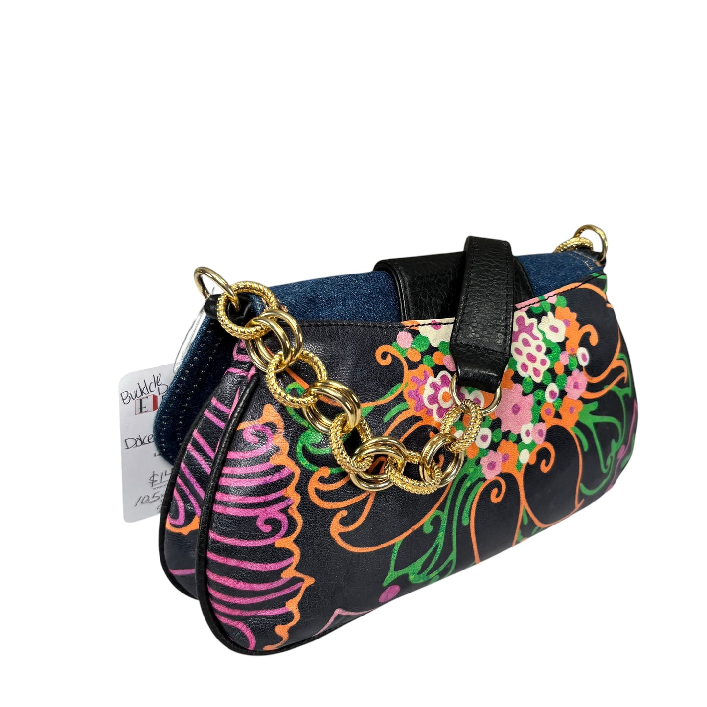 Dolce & Gabbana D & G Y2K Denim Buckle Baguette Floral Limited Leather Chain Purse
