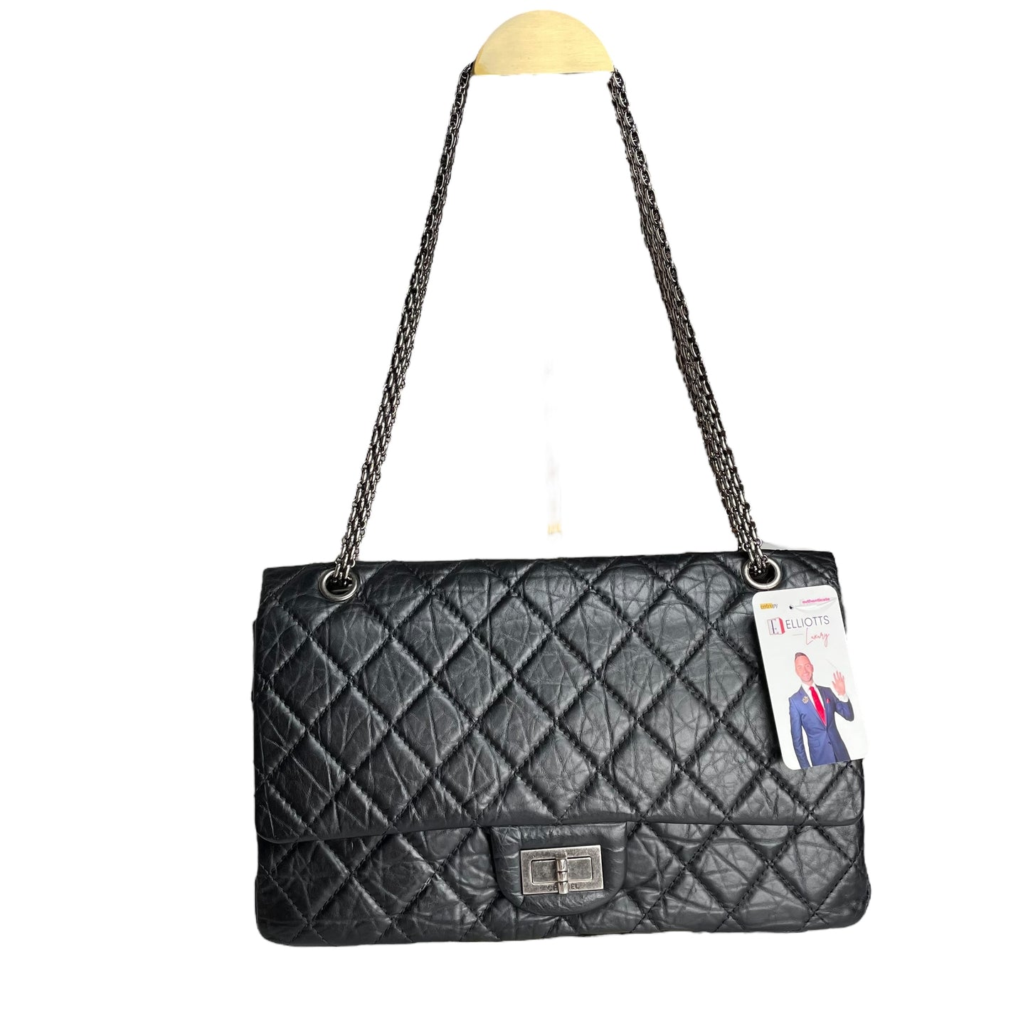 Chanel CC 255 Re-Issue Large Black Aged Calf Gunmetal Hardware Double Flap Purse