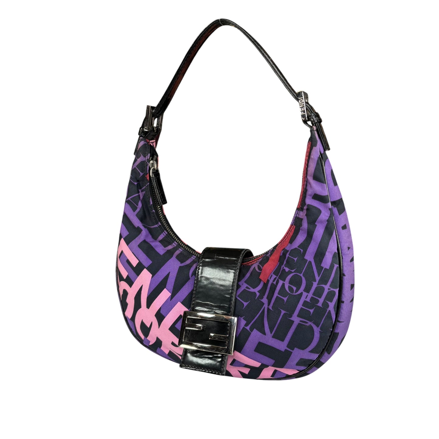 Fendi Y2K Baguette Crescent Graffiti Purple Pink Canvas Patent Leather Purse
