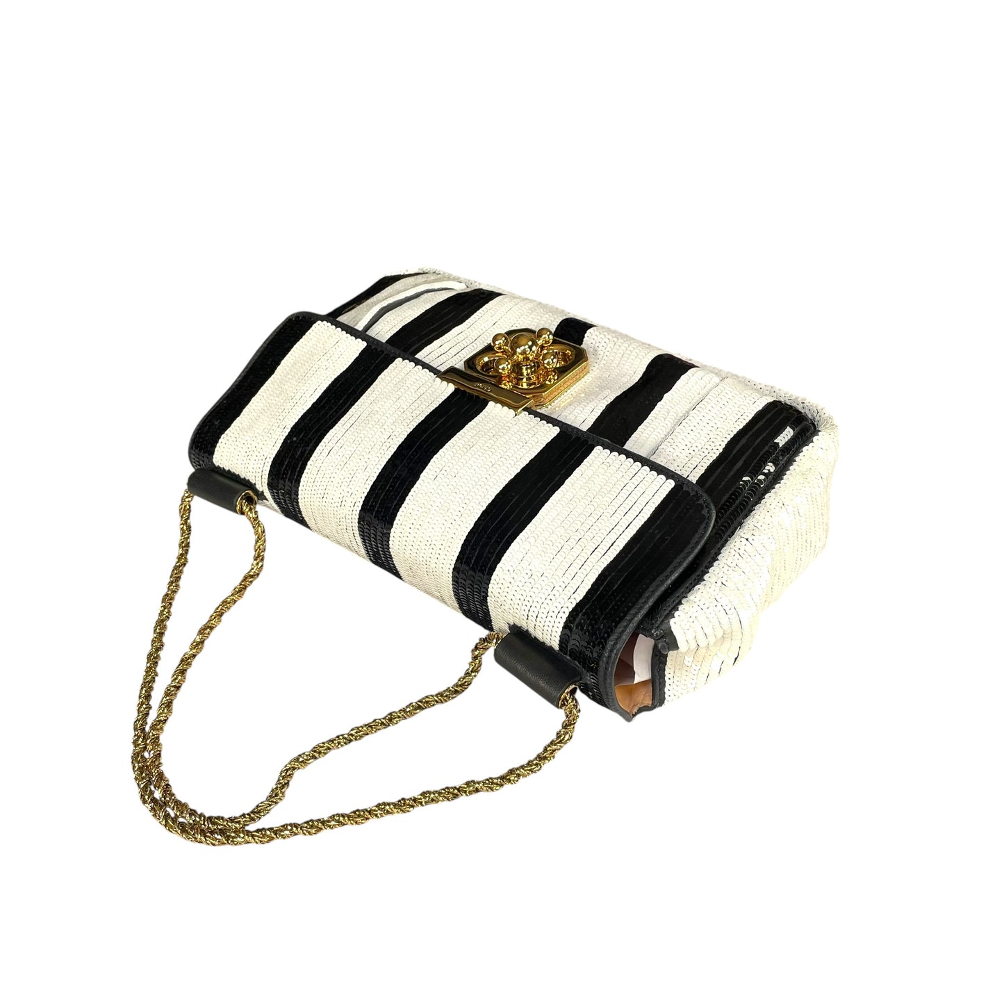 Chloe Elsie Medium Sequin Leather Stripe Black White GHW Rope Strap Shoulder Bag