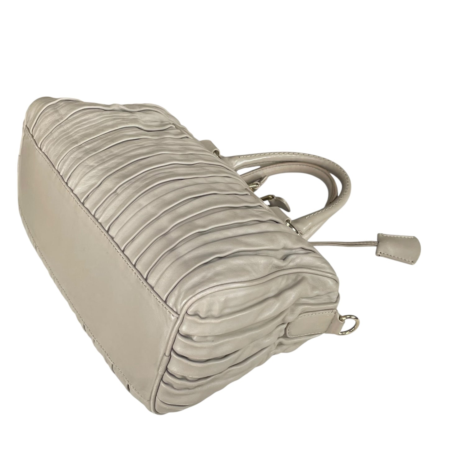 Emporio Armani Pleated GHW Leather Satchel Taupe Lock Key Crossbody Boston Bag