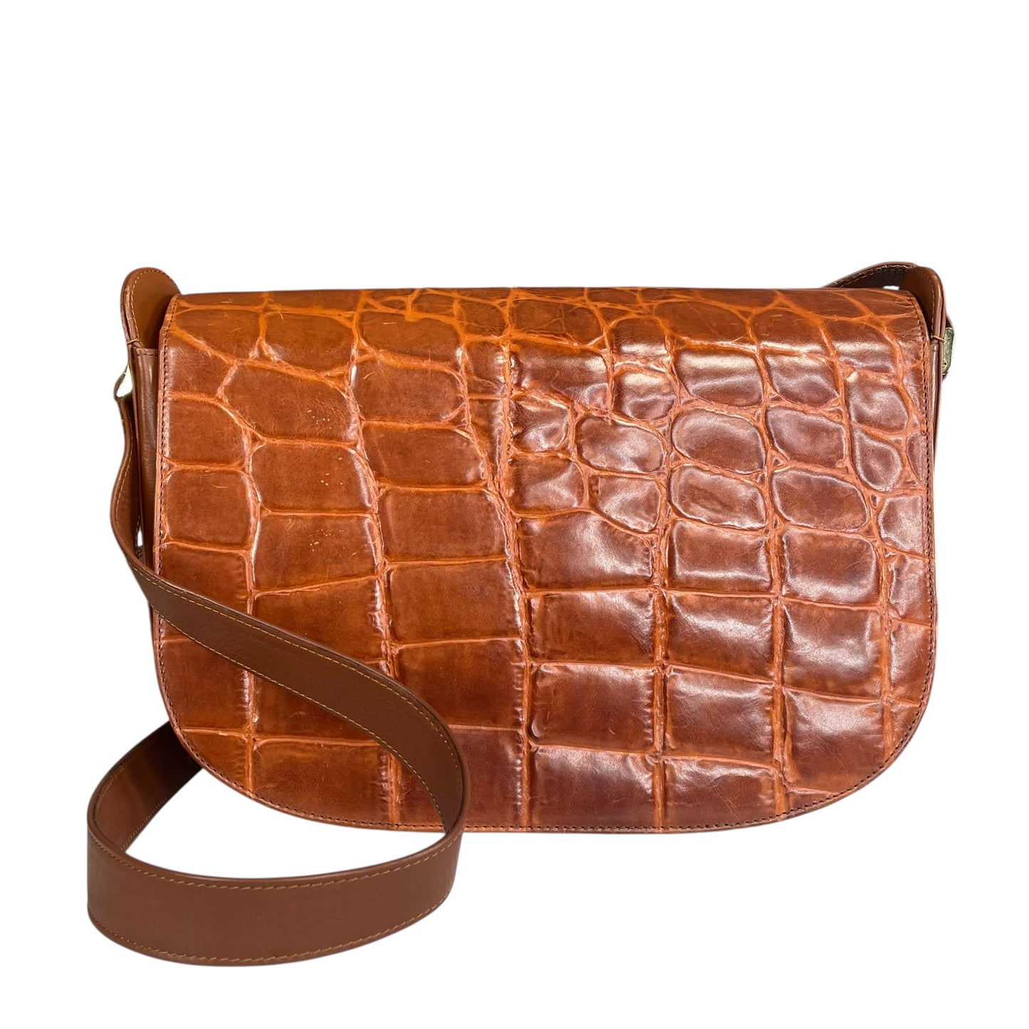 Roberta Di Camerino Croc Embossed Brown Leather GHW Shoulder Flap Purse