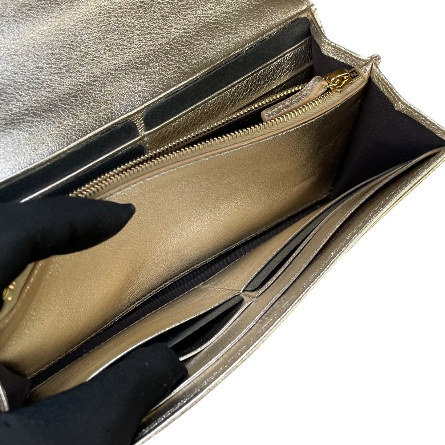 Fendi Zucca Baguette Leather Metallic Gold Silver Continental Long Wallet