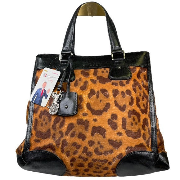 Celine Leather Satchel Trapezoid Black Pony Hair Cheetah Three File Large Tote