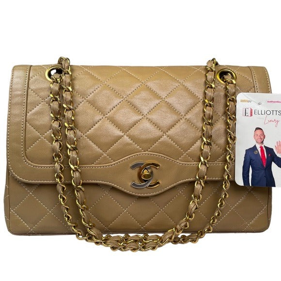 Chanel CC Beige Limited Double Two-Tone Flap Quilted Lambskin Shoulder Purse Bag