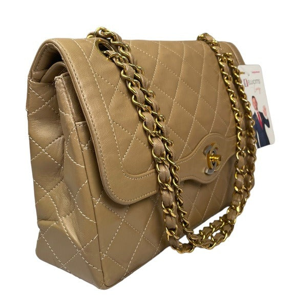 Chanel CC Beige Limited Double Two-Tone Flap Quilted Lambskin Shoulder Purse Bag