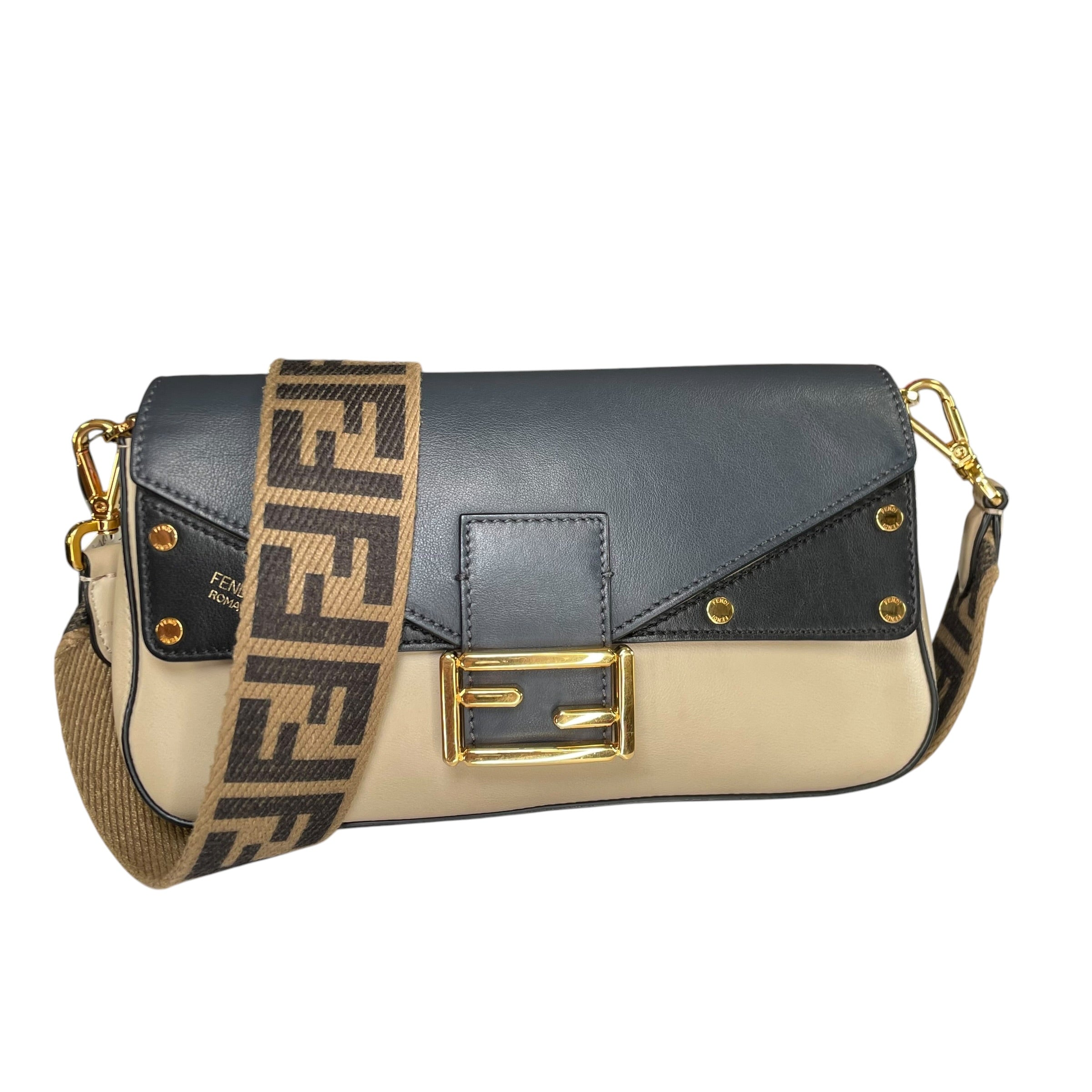 Fendi Baguette 1974 Navy Taupe GHW Zucca Crossbody Leather Purse