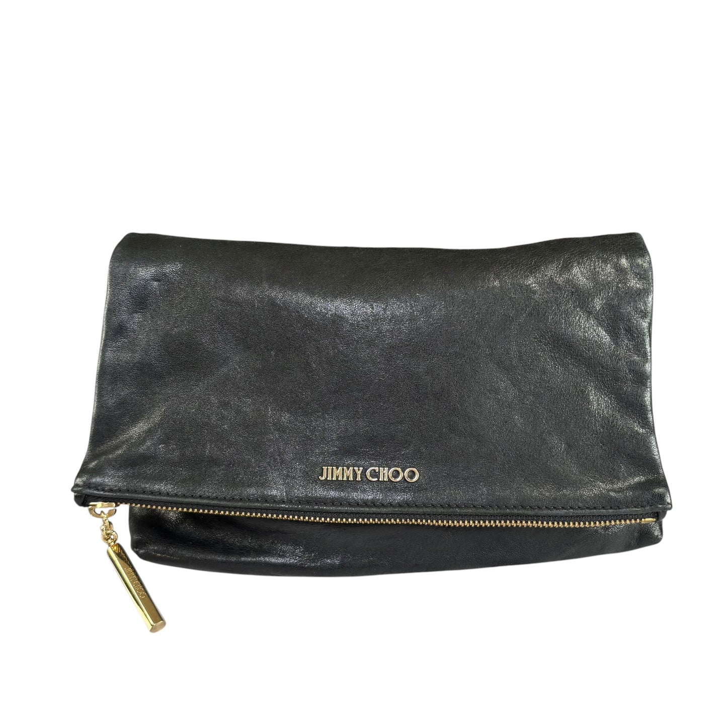 Jimmy Choo Nyla Black GHW Leather Fold-Over Zip Clutch