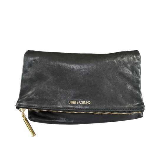 Jimmy Choo Nyla Black GHW Leather Fold-Over Zip Clutch