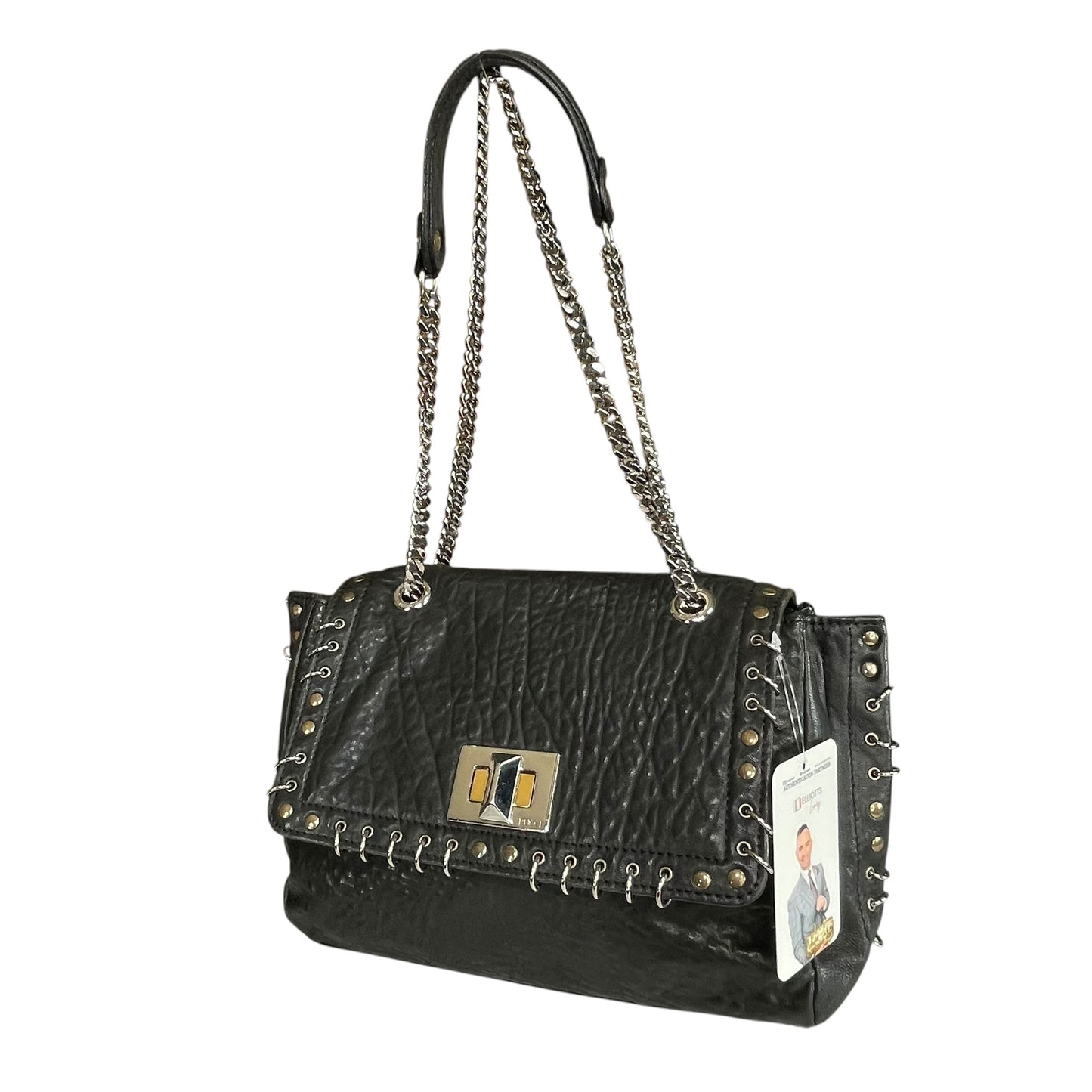 Emilio Pucci Pierced Studded Flap Black Aged Cowhide Silver Gold 2-Way Shoulder Bag